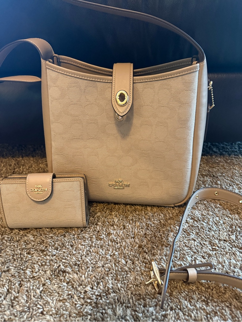 Coach Beige Signature Canvas Shoulder Bag with Matching Wallet